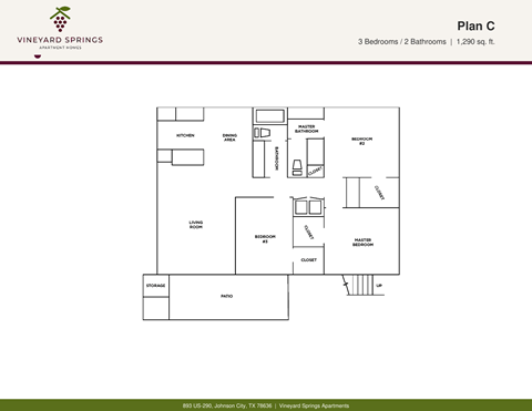 Floor plan for 3 beds, 2 baths, 1290 sqft